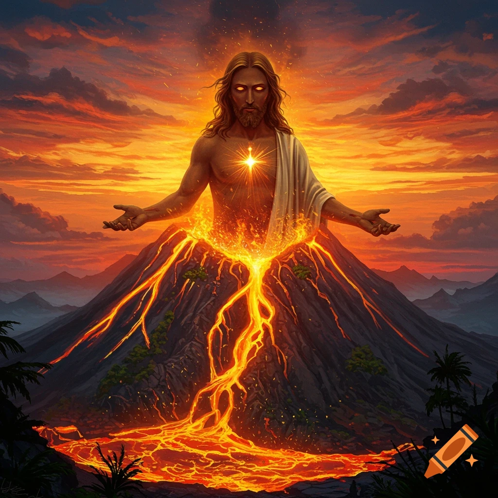 A divine figure emerging from an erupting volcano at sunset