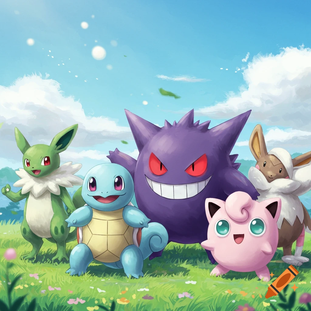 Five Pokemon (Espeon, Squirtle, Gengar, Jigglypuff, Eevee) in a grassy field under a blue sky, painterly style.