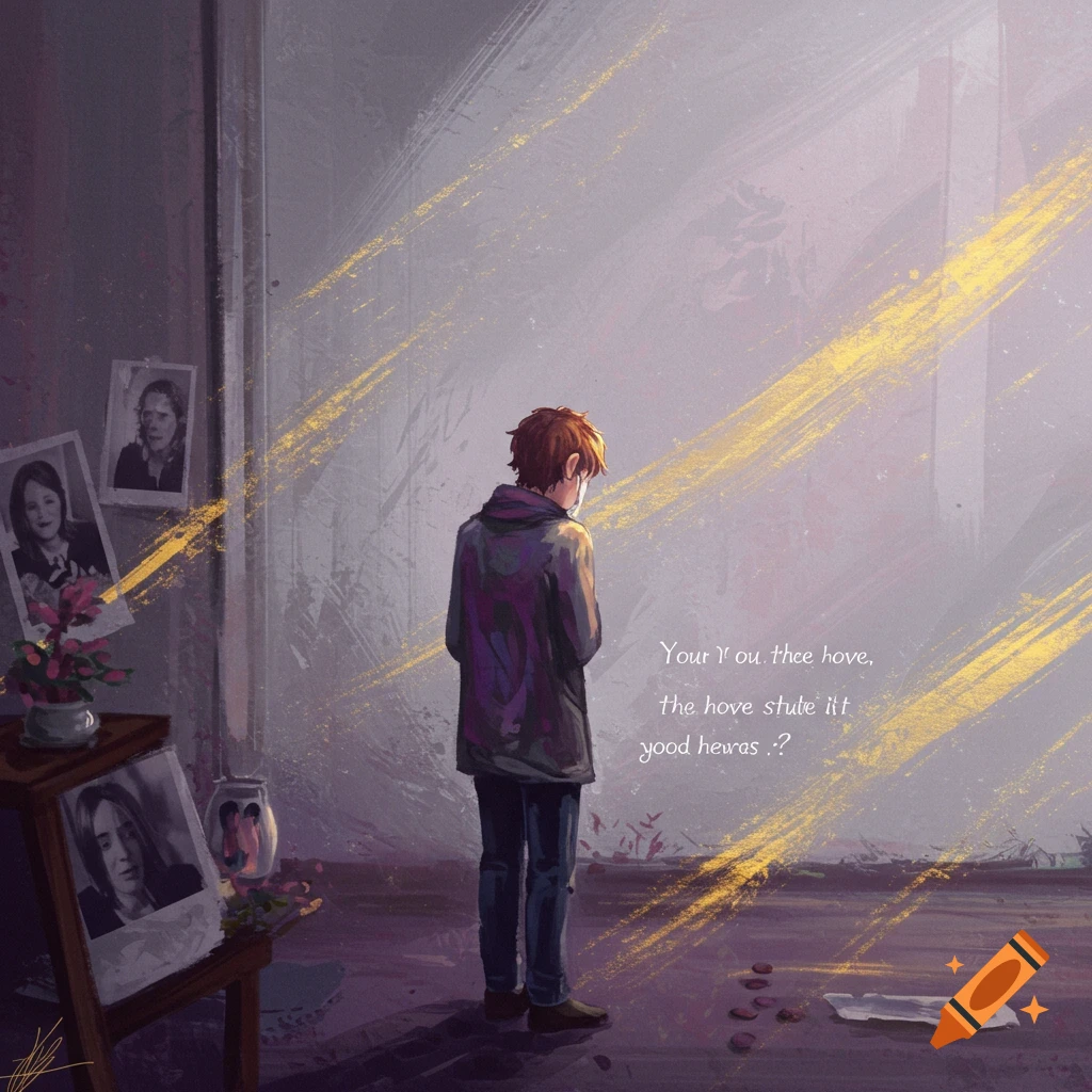 A person stands in a room featuring framed photos on a table and illegible text on the wall.