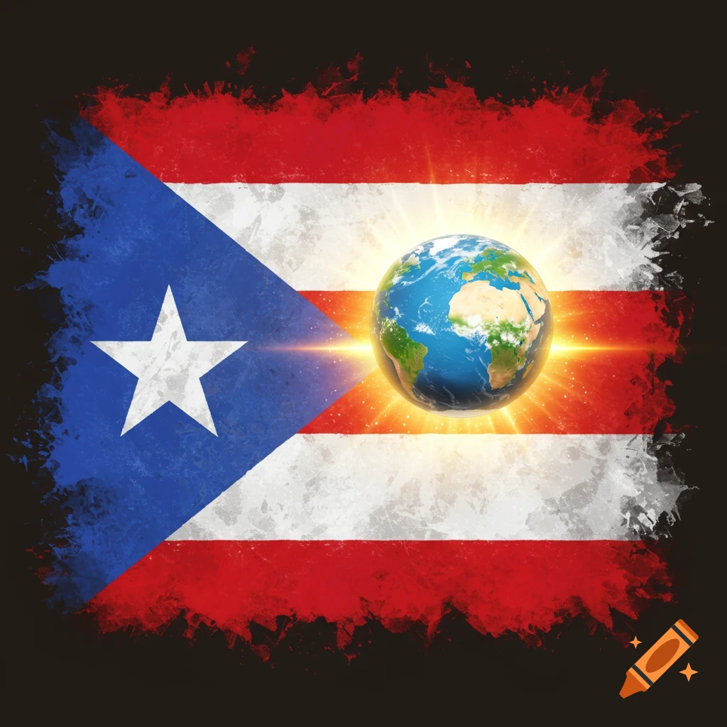 A Puerto Rican flag with a globe emerging from the star.