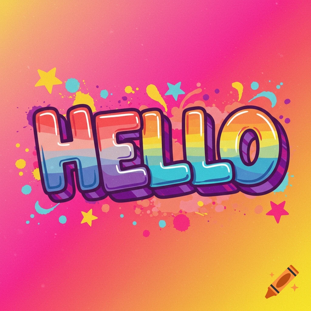 Colorful graffiti-style text spelling HELLO on a vibrant gradient background with stars and paint splatters.