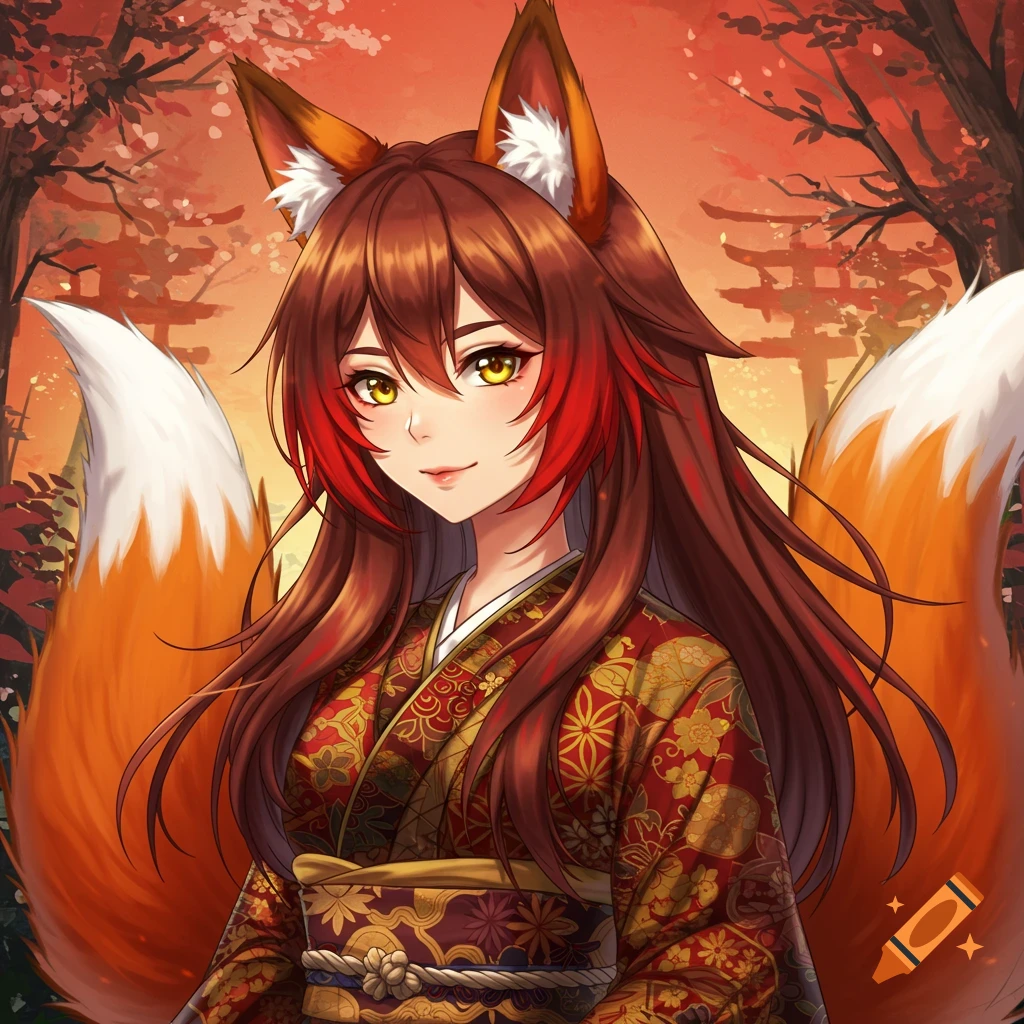 Anime illustration of a fox girl with ears and multiple tails, wearing a patterned kimono in a forest with torii gates.