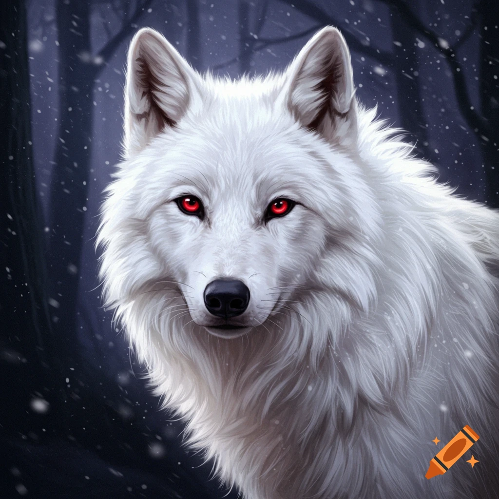 A white wolf with piercing red eyes stares forward in a snowy forest, anime style.