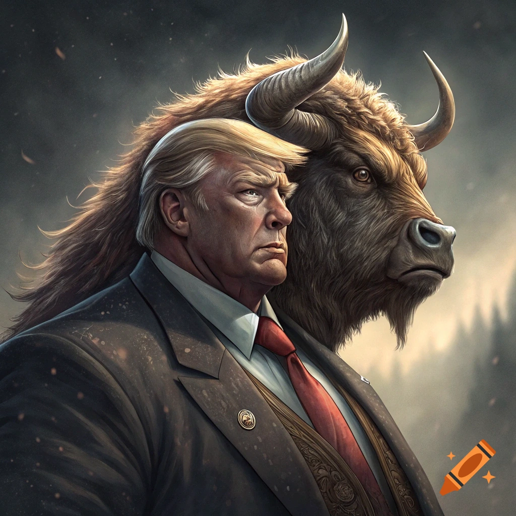 Detailed image of Donald Trump's face next to a buffalo head, dramatic lighting.