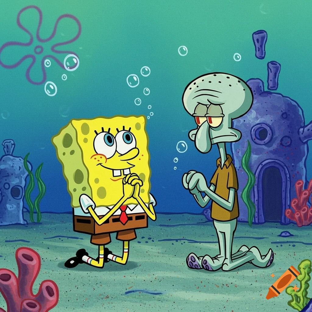 Spongebob and Squidward kneel and clasp their hands underwater in a cartoon style