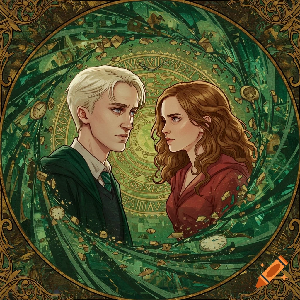 Digital illustration of Draco and Hermione in a swirling green pattern with clock motifs.