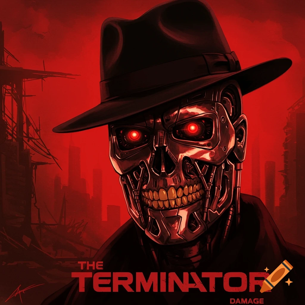 A stylized Terminator robot skull wearing a fedora against a red background with abstract cityscape and movie title text.