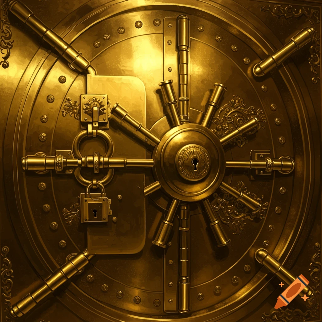 A close-up of a large, ornate golden vault door.