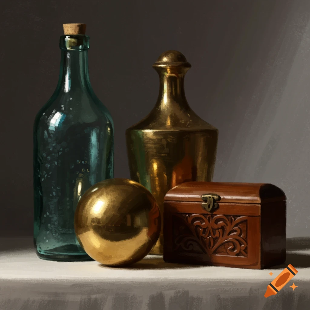 A still life with a glass bottle, brass bottle, gold sphere, and wooden box