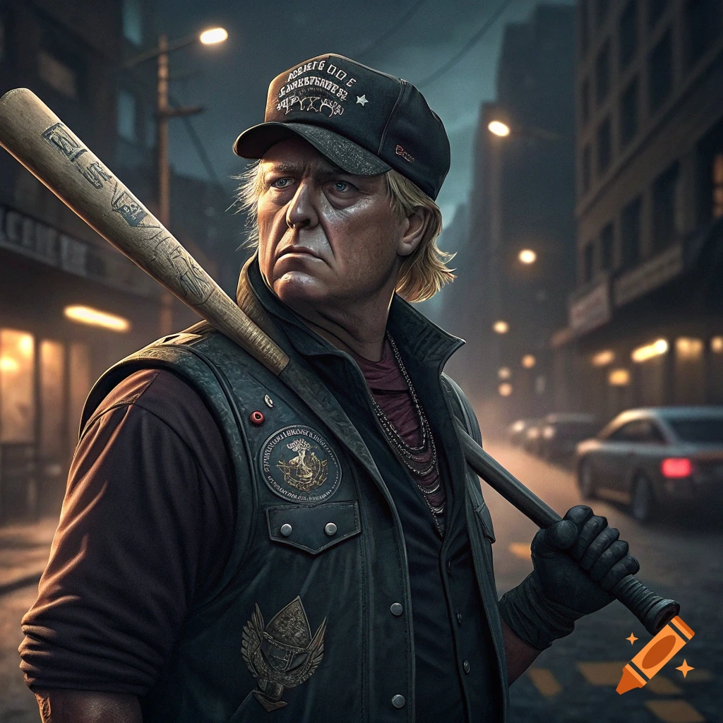 A man resembling Donald Trump wearing a vest and baseball cap holds a bat in an urban street at night.