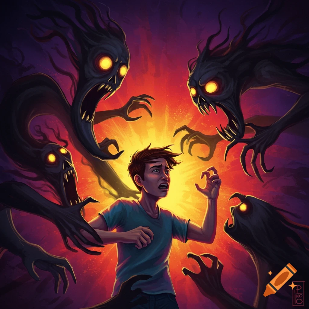 A scared young person is surrounded by shadowy screaming monsters with glowing eyes.