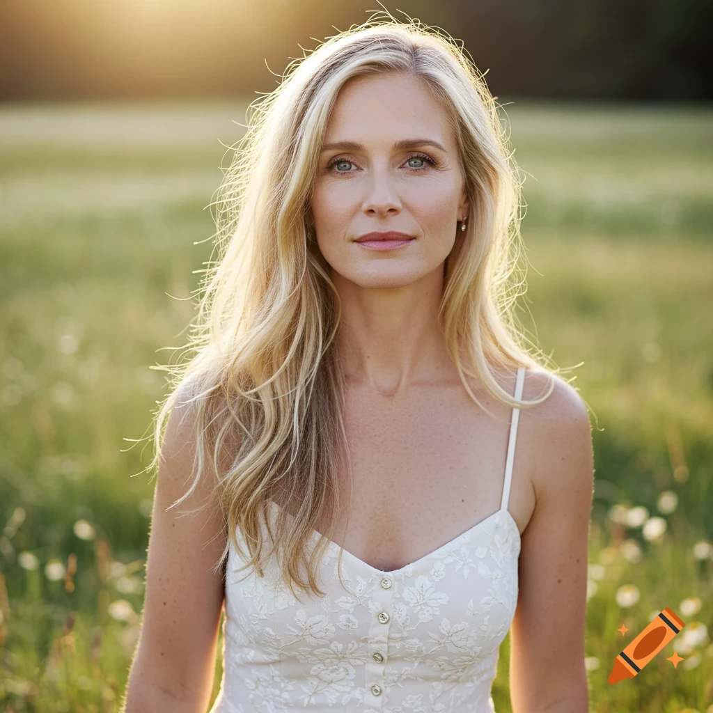 Blonde woman in white dress in a sunny field