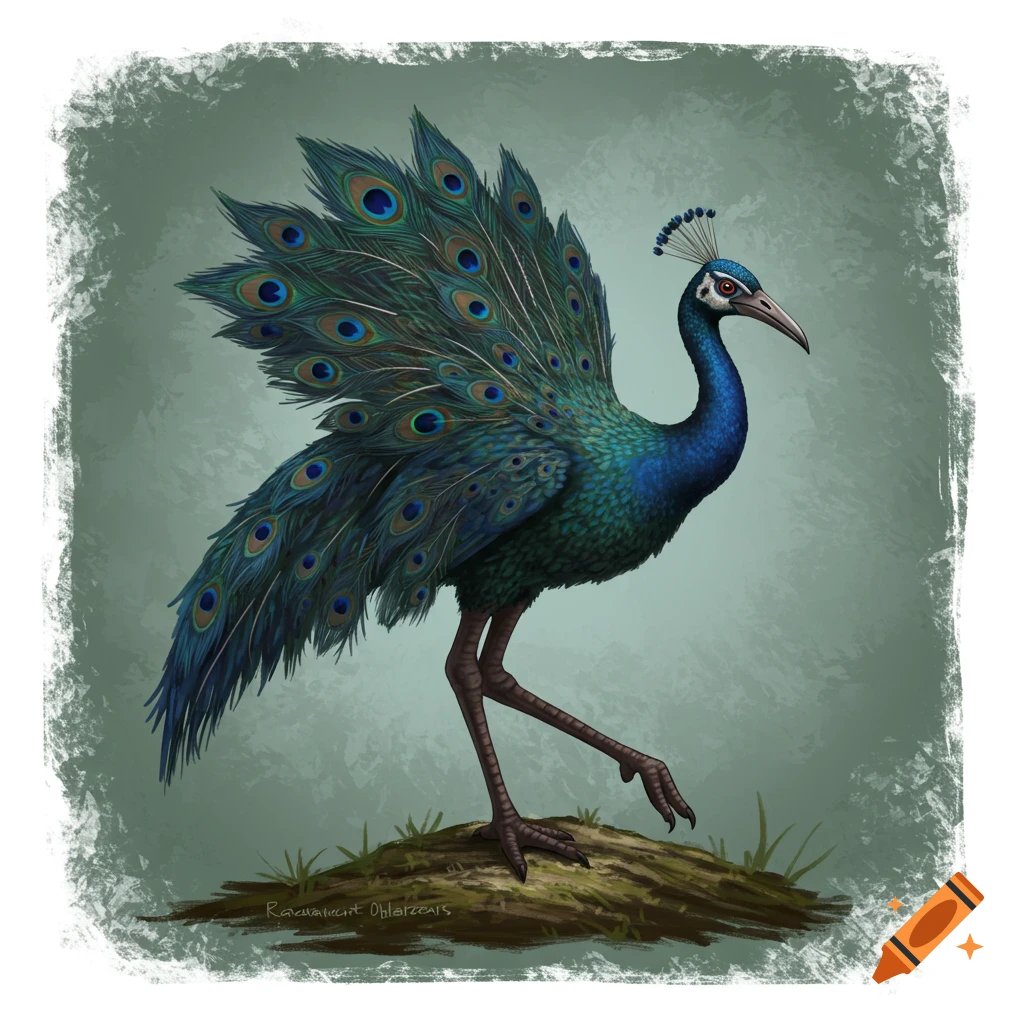 A peacock-like fantasy creature with long legs and elaborate tail feathers stands on a log.