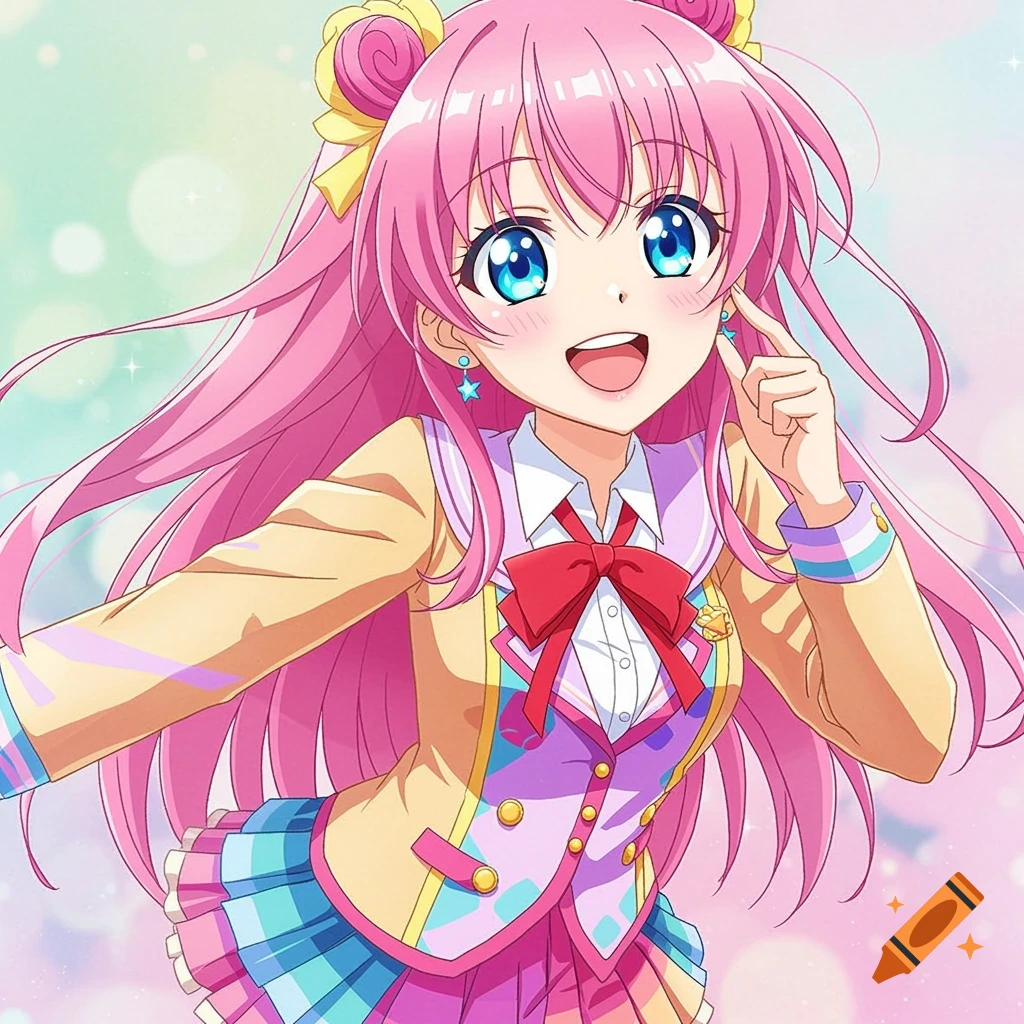 An anime girl with pink hair and blue eyes smiles, wearing a colorful school uniform.