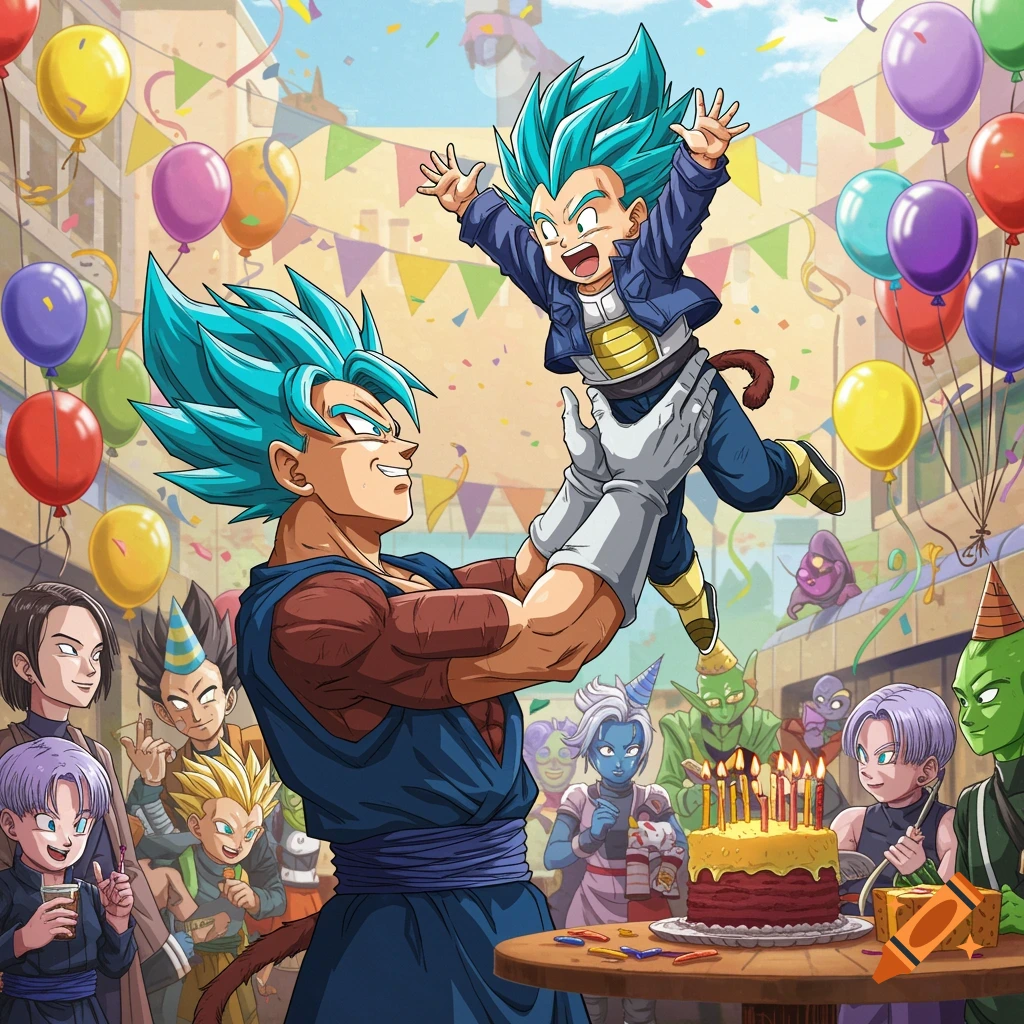 Anime characters Vegito and a boy celebrate a birthday party with friends and a cake, surrounded by balloons and banners.