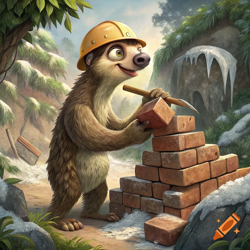 A cartoon sloth with a hard hat builds a brick wall in a snowy, wooded area.