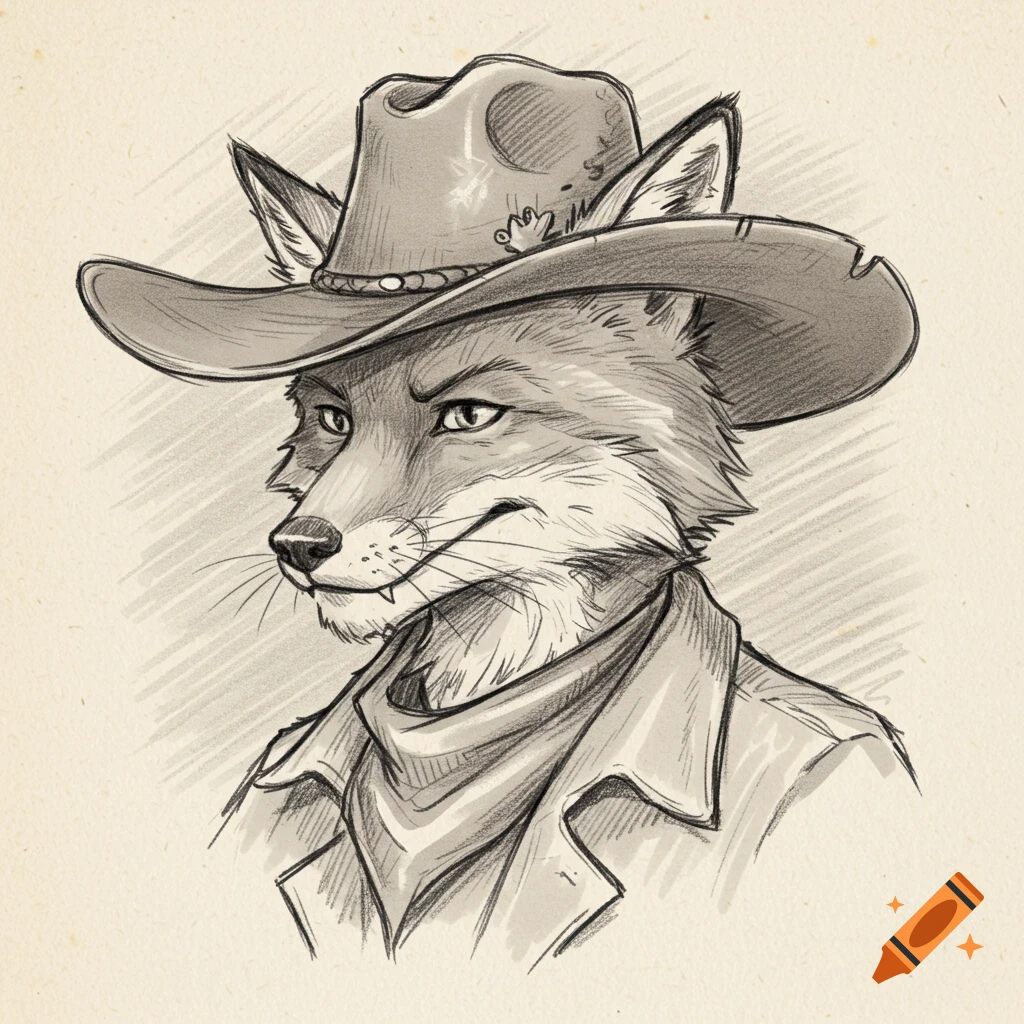 Pencil sketch of an anthropomorphic fox wearing a cowboy hat and bandana.