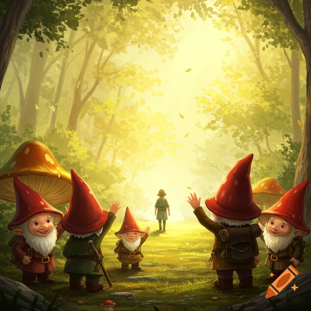 Gnomes waving goodbye to a person walking away into a bright forest clearing with mushrooms.
