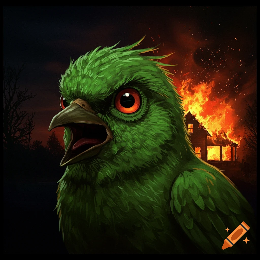 An angry green bird is screaming in front of a burning house at night.