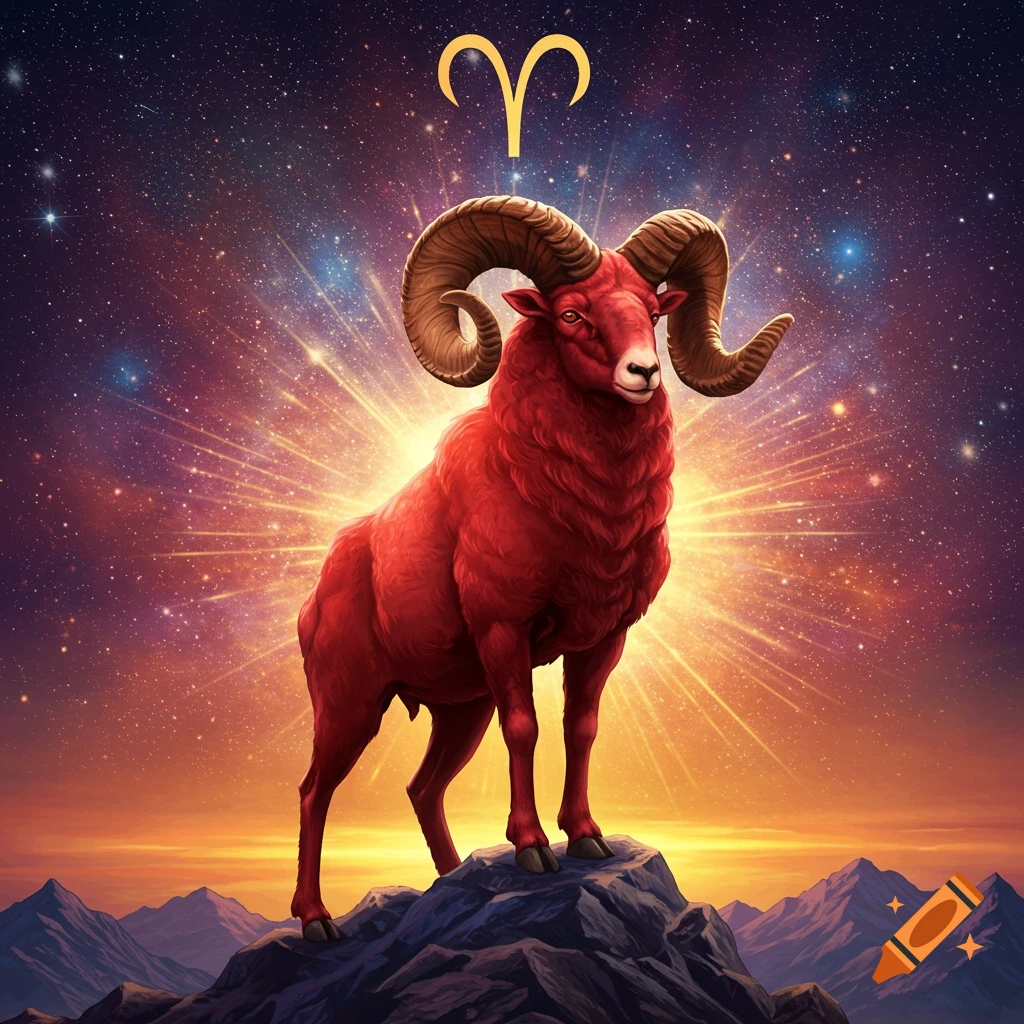A red Aries ram on a mountain under a starry sky with the Aries symbol.