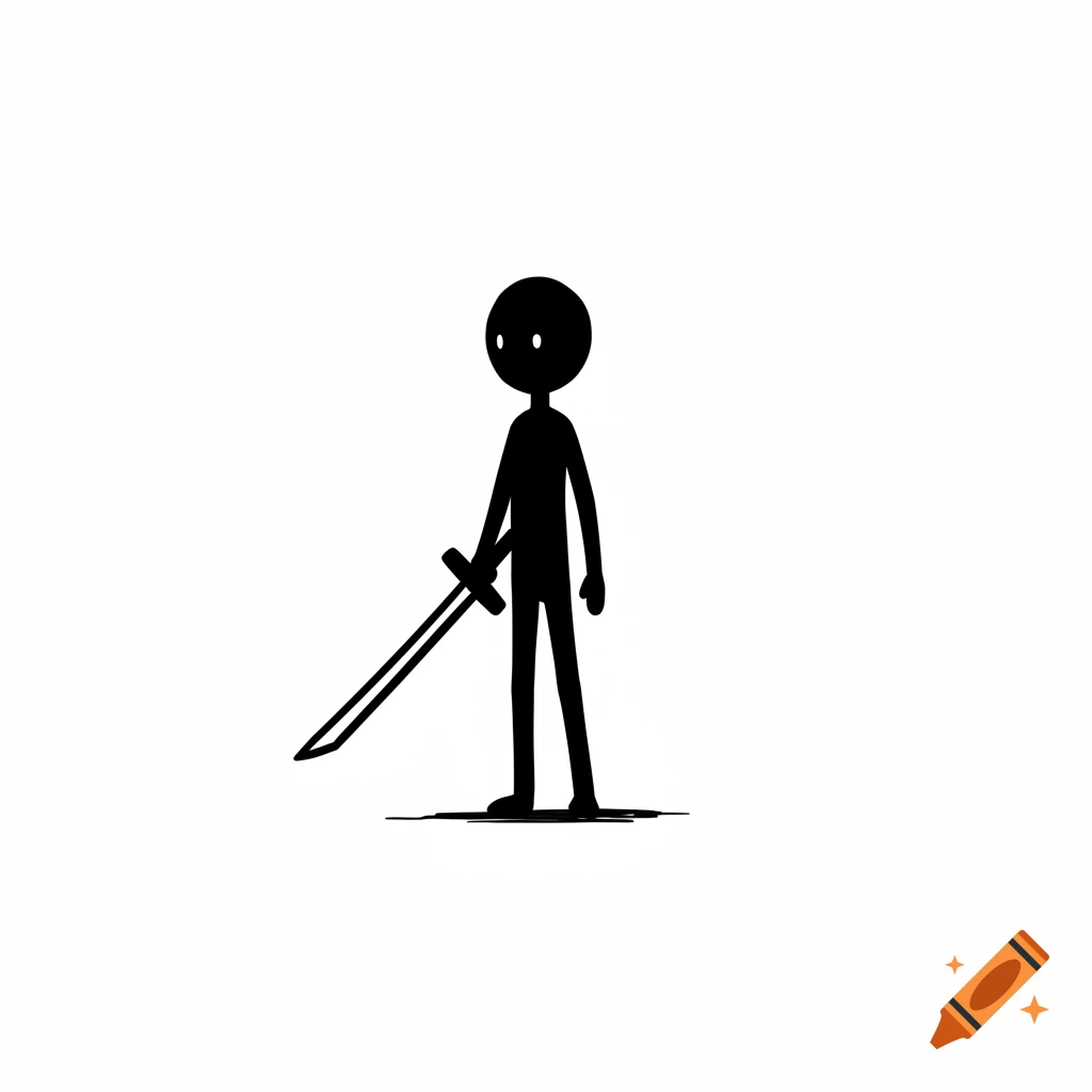 Black stick figure holding a sword on white background