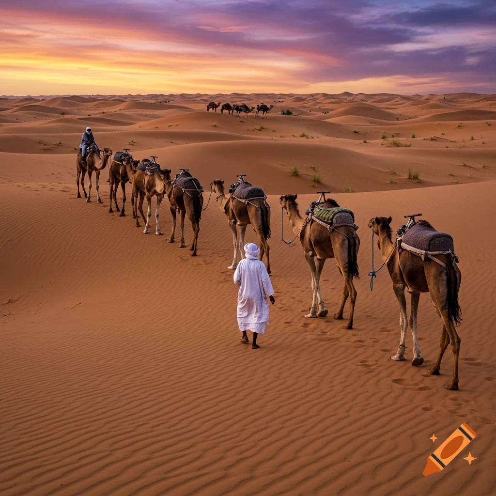 A camel caravan travels through sand dunes at sunset.