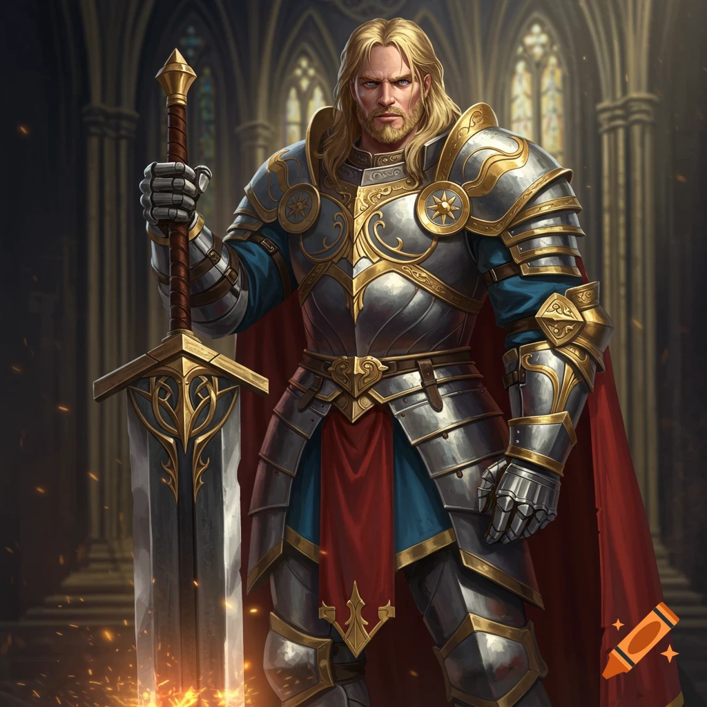 A paladin knight with a greatsword standing in a cathedral