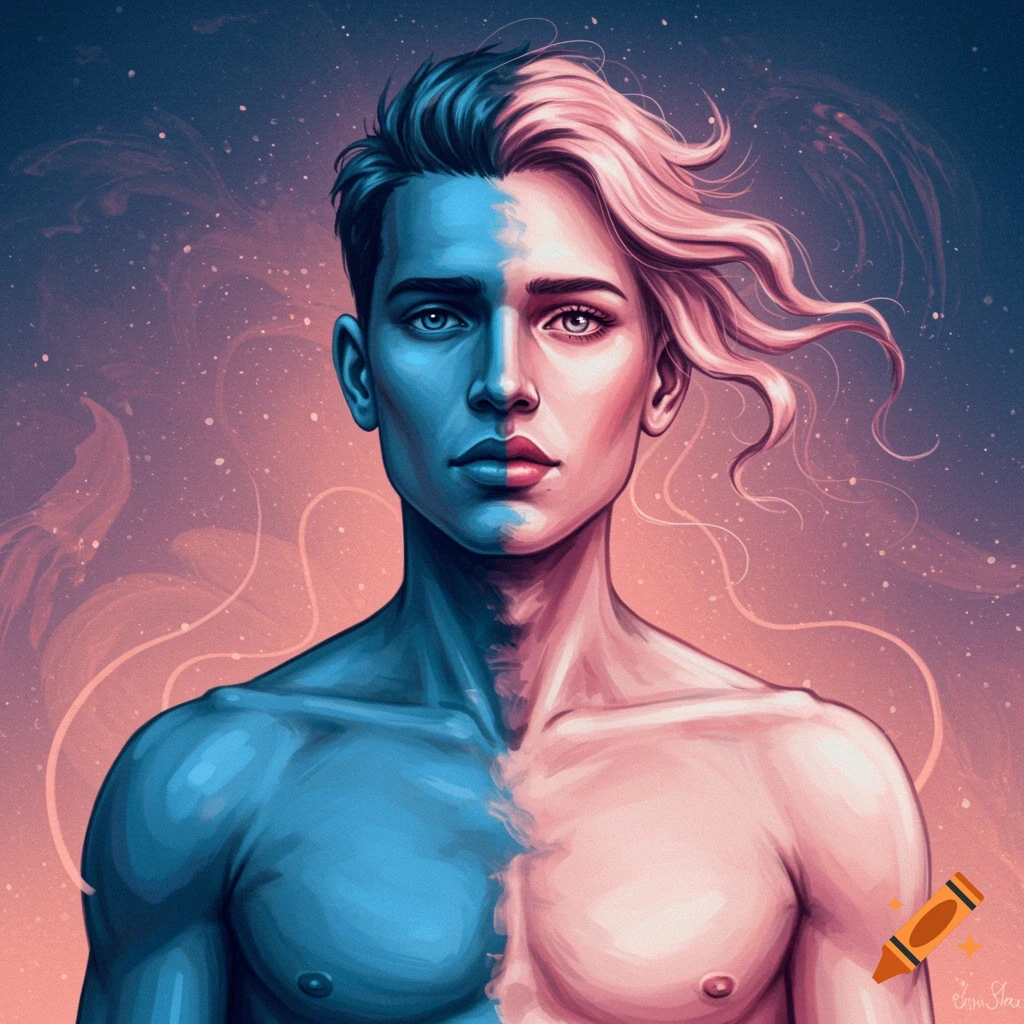 Surrealist digital portrait of a person with half male (blue) and half female (pink) features, against a starry background.