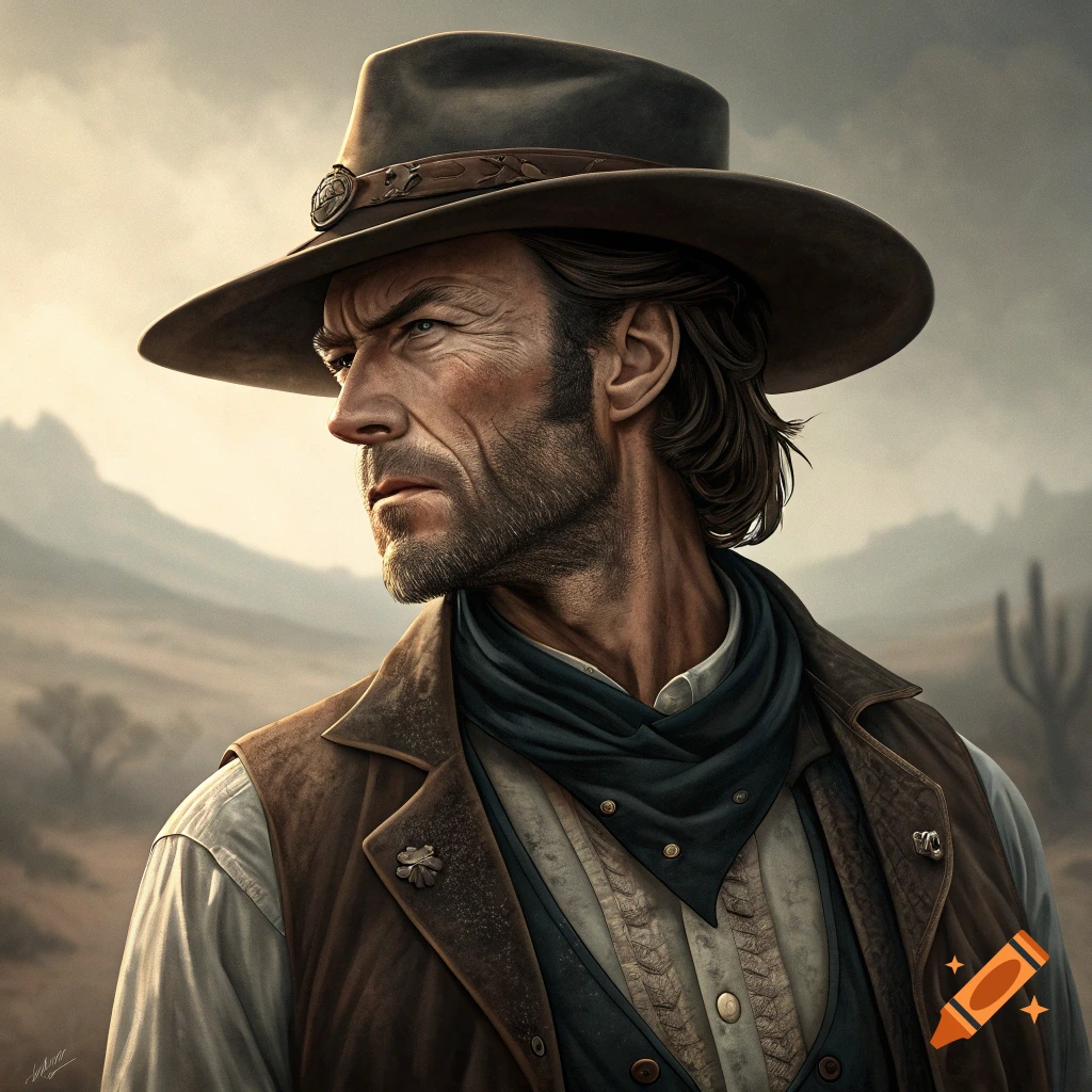 Photorealistic portrait of a cowboy in a hat with a western landscape background