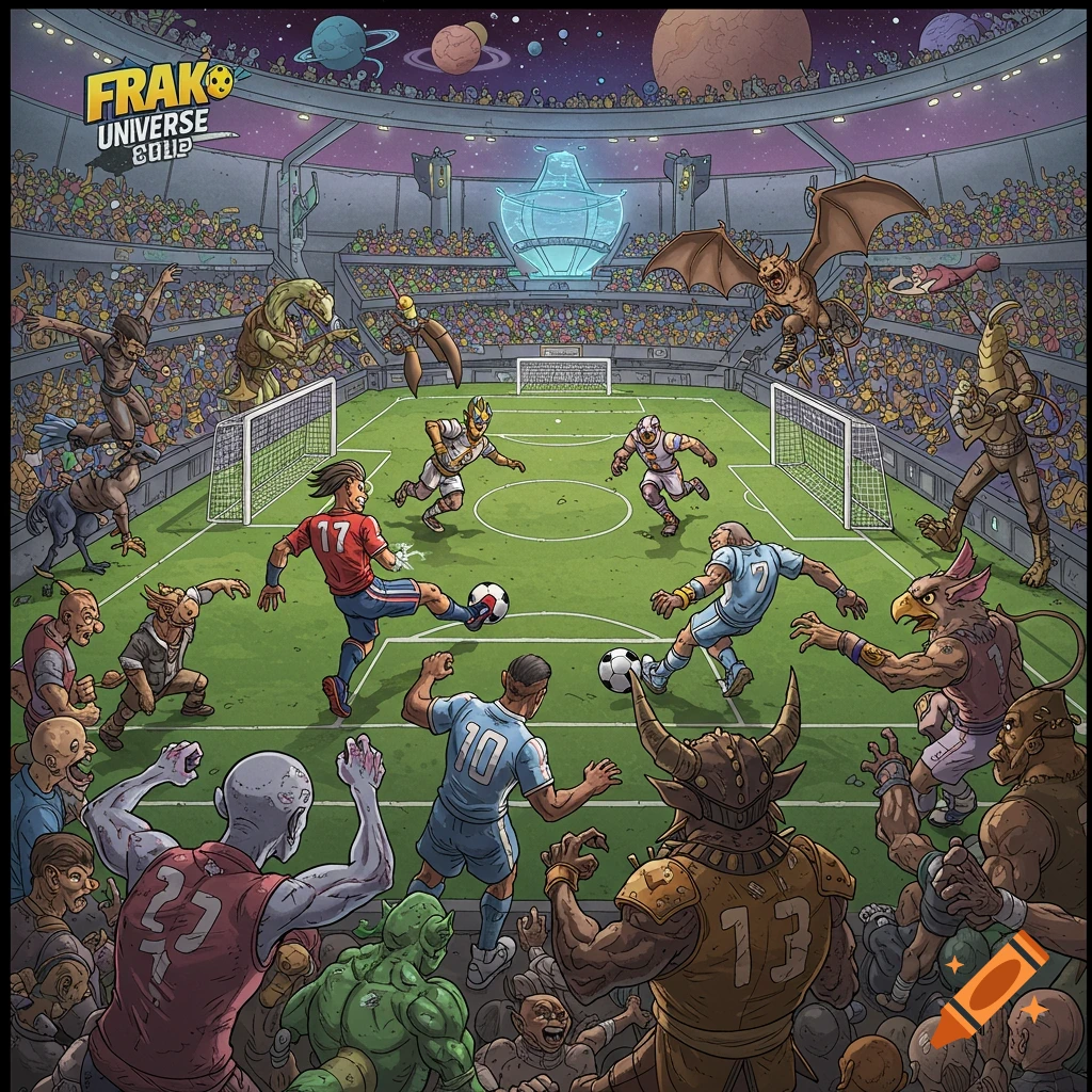 Illustration of fantasy and alien creatures playing soccer in a futuristic space stadium.