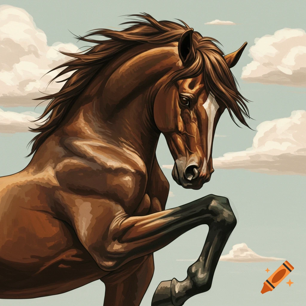Brown horse rears against a cloudy sky.