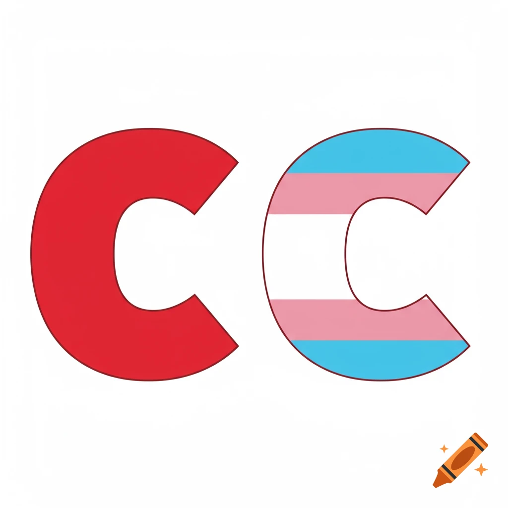 A red letter C next to a letter C with blue, pink, and white stripes.