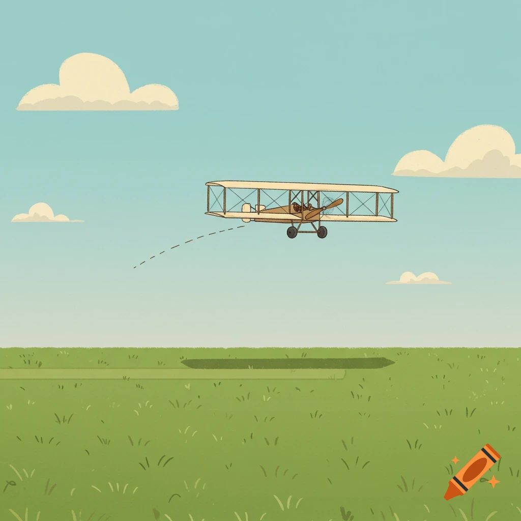 A cartoon illustration of a vintage biplane flying low over a green field with clouds.