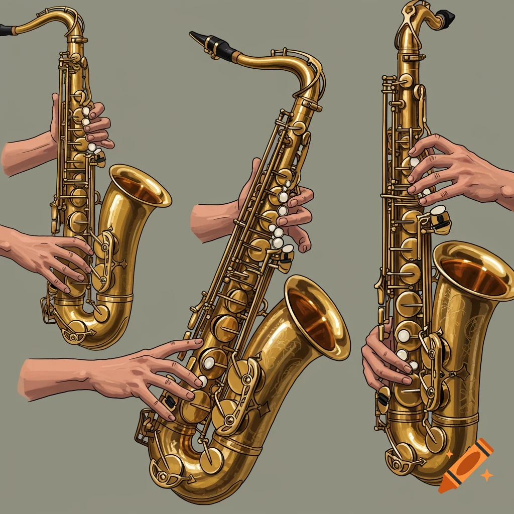Multiple hands playing three golden saxophones.