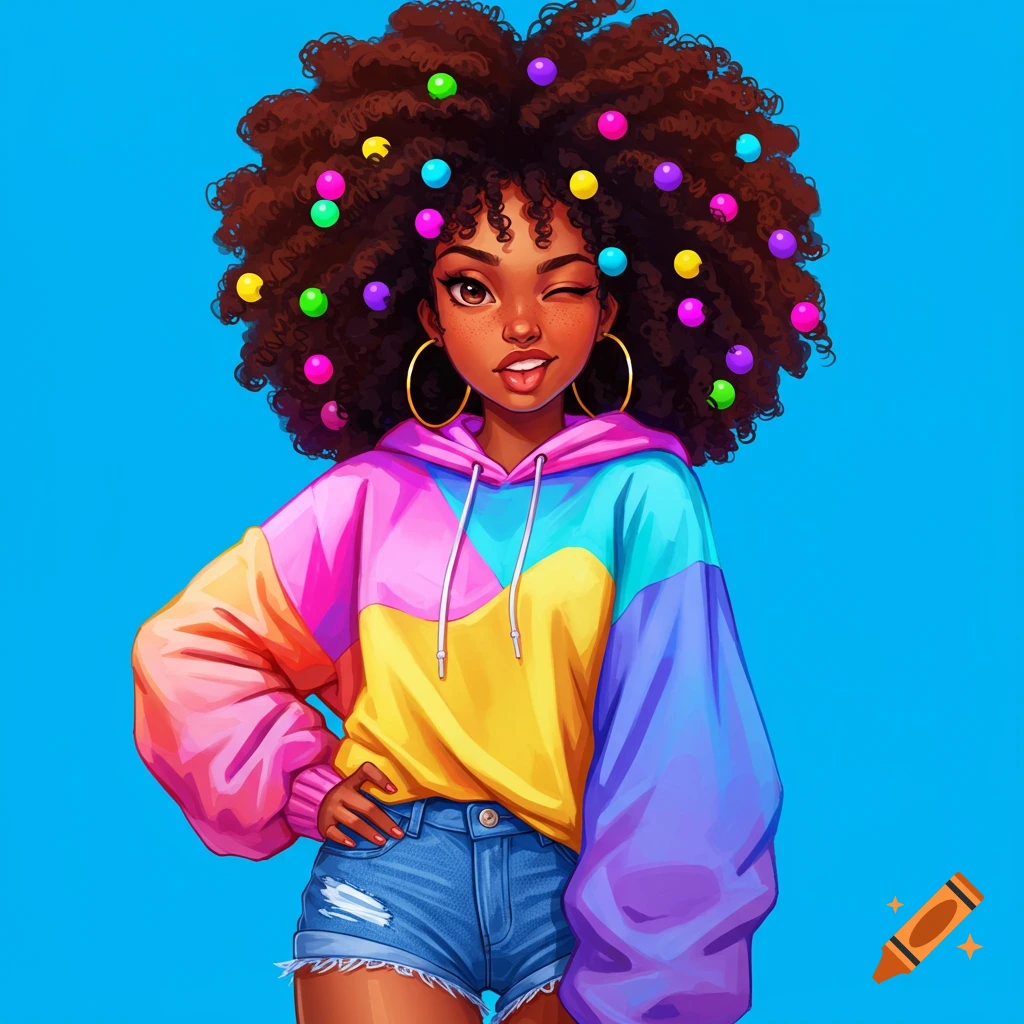 Digital illustration of a young Black woman with beads in her afro hair, wearing a colorful hoodie and denim shorts, winking.