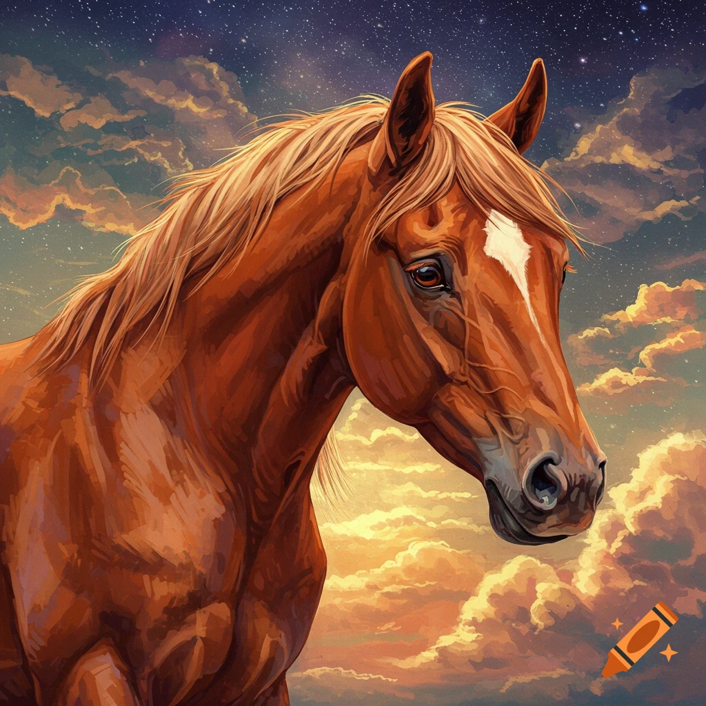 A brown horse stands against a dramatic sky filled with clouds and stars.