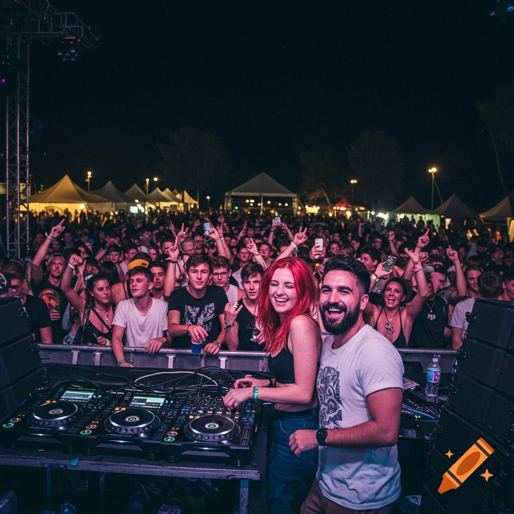 Woman and man DJing at a music festival with a cheering crowd