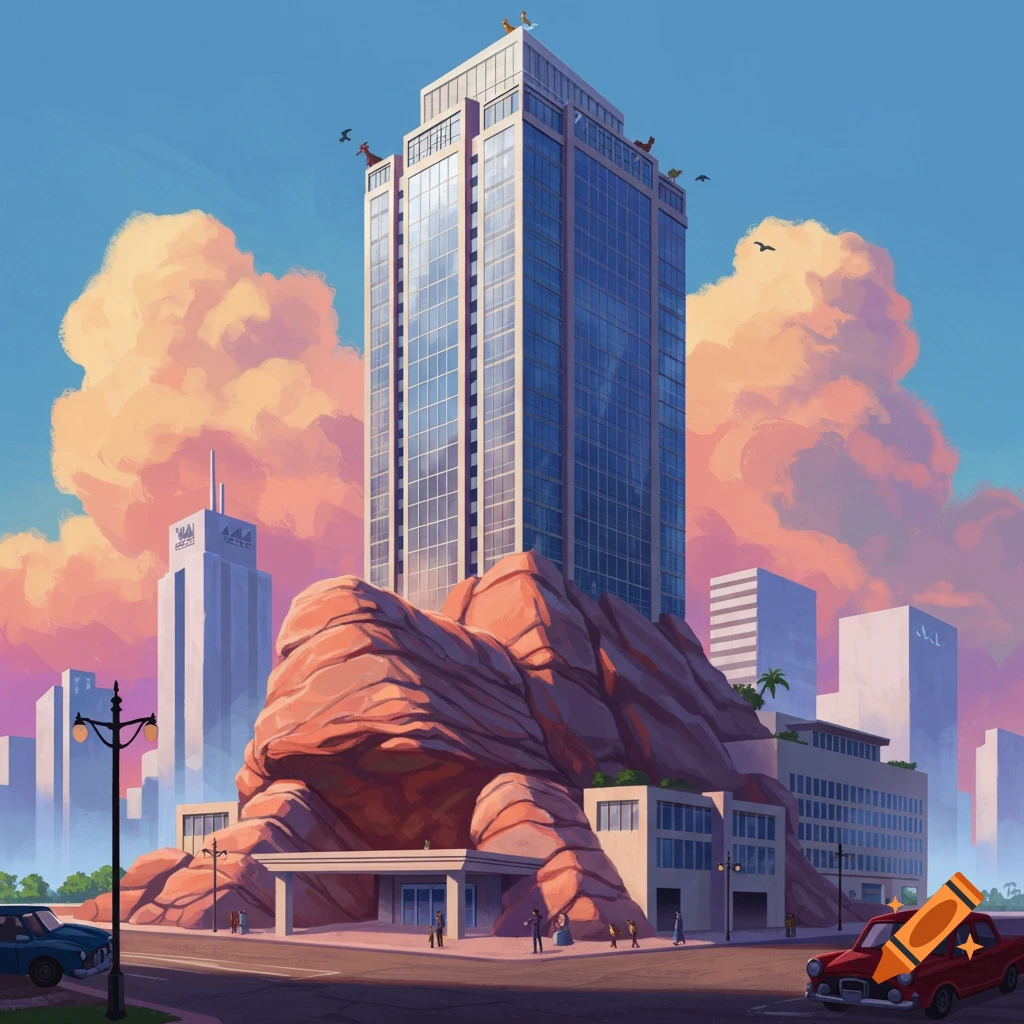 A tall office building built atop a large red rock formation, with other buildings in the background under an orange sky.