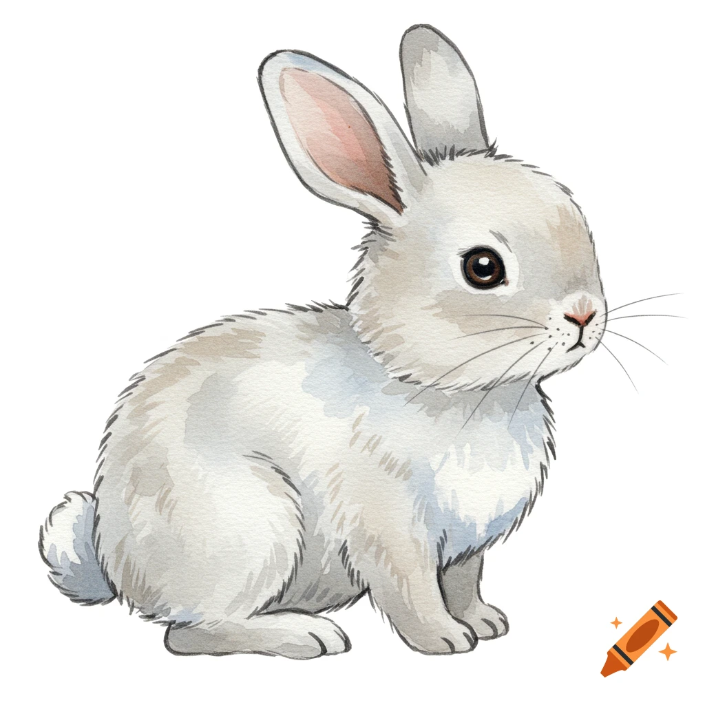 A watercolor illustration of a white rabbit sitting.