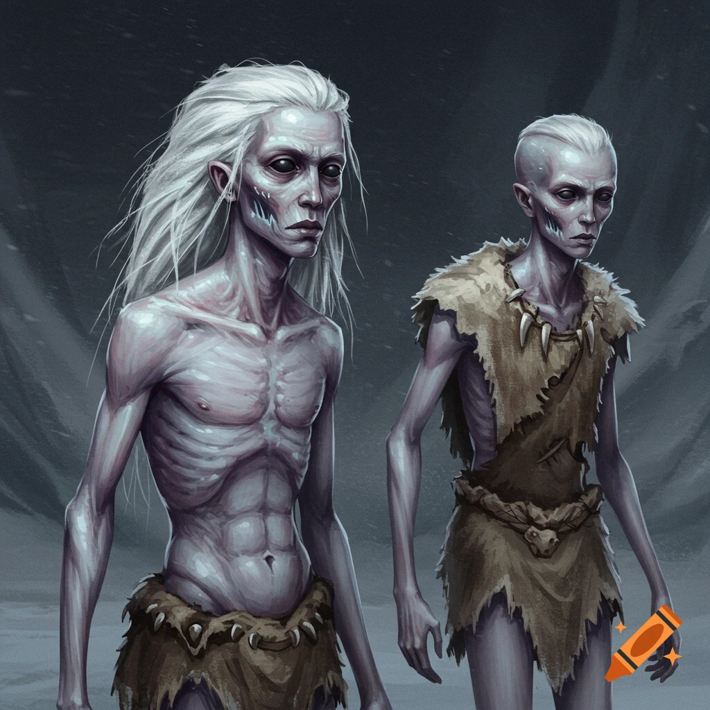 Two pale, skeletal figures with white hair and hides are in a cold, dark environment.