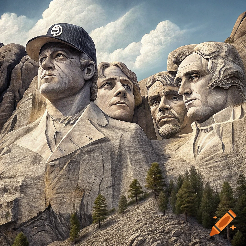 Mount Rushmore with four carved faces, one wearing a baseball cap.