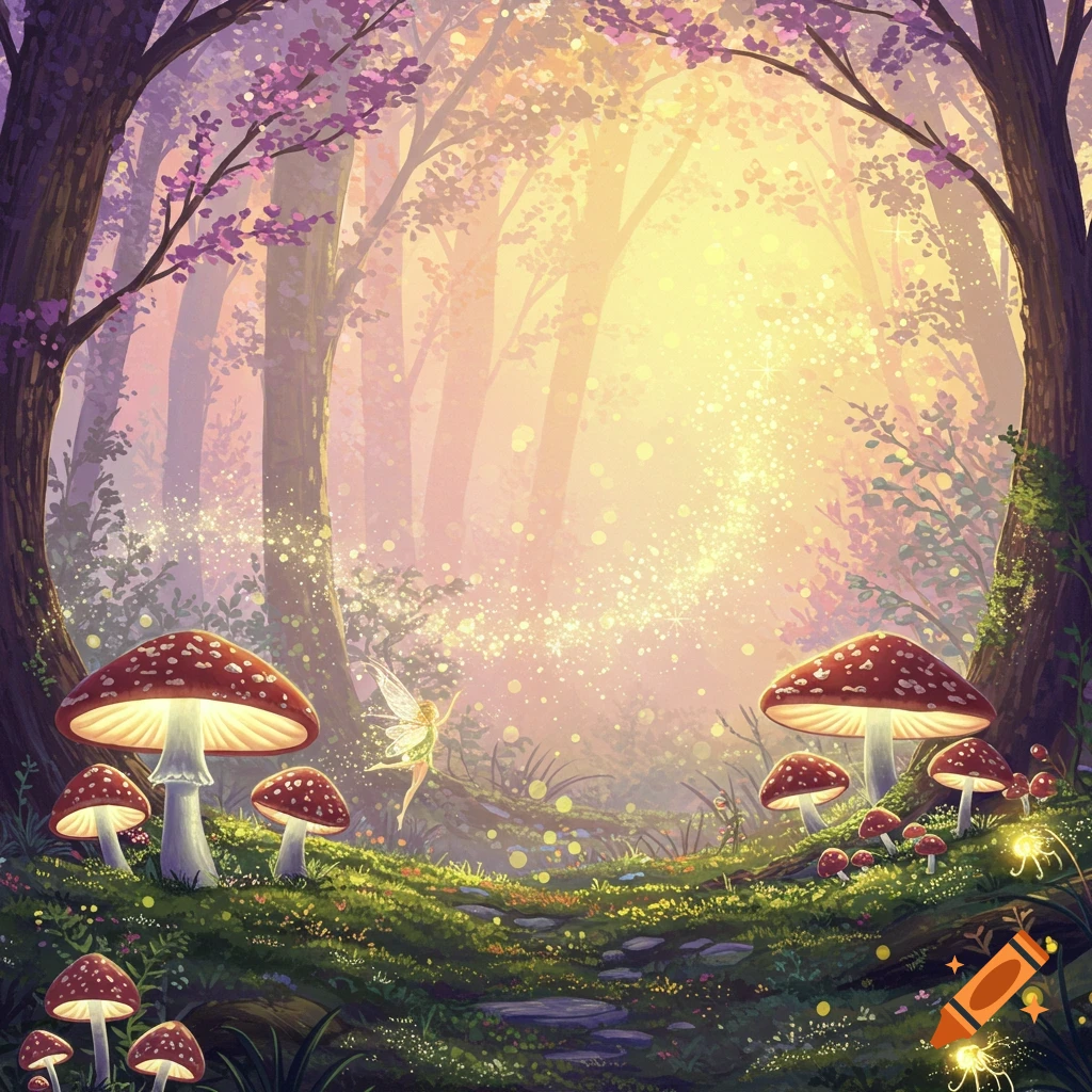A fairy dancing in a magical forest filled with glowing mushrooms and sparkling light.