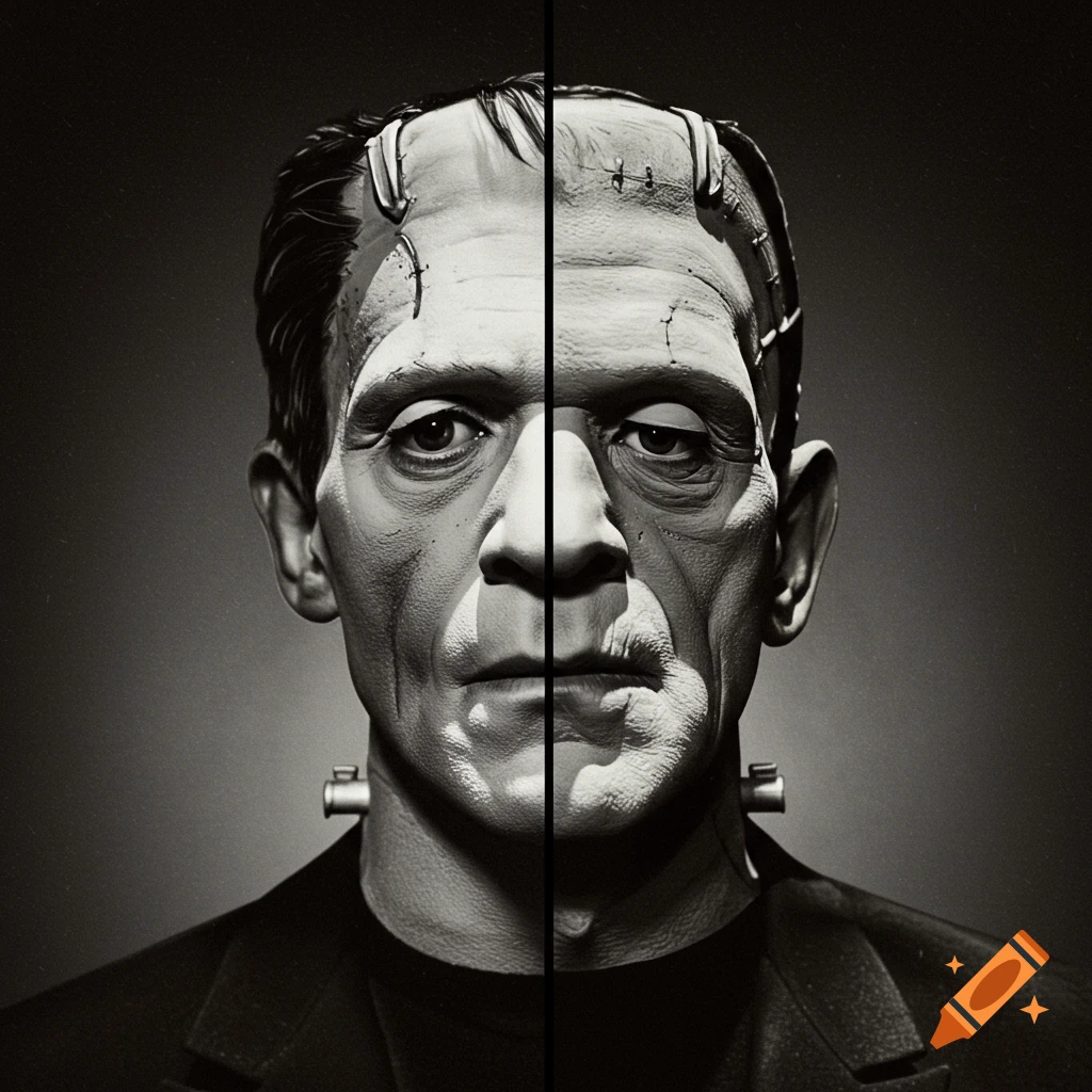 Black and white portrait of a Frankenstein monster face split in half.