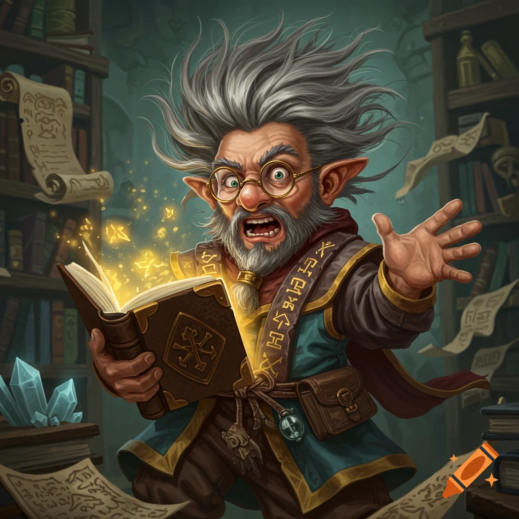 an excited gnome wizard with wild hair reading a glowing magic book in a dusty library.