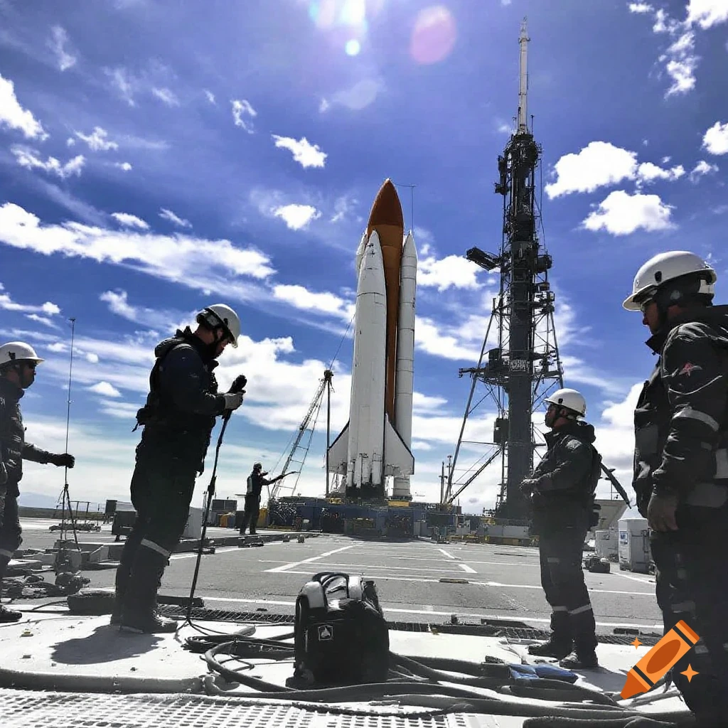 Workers preparing a space shuttle for launch on a sunny day