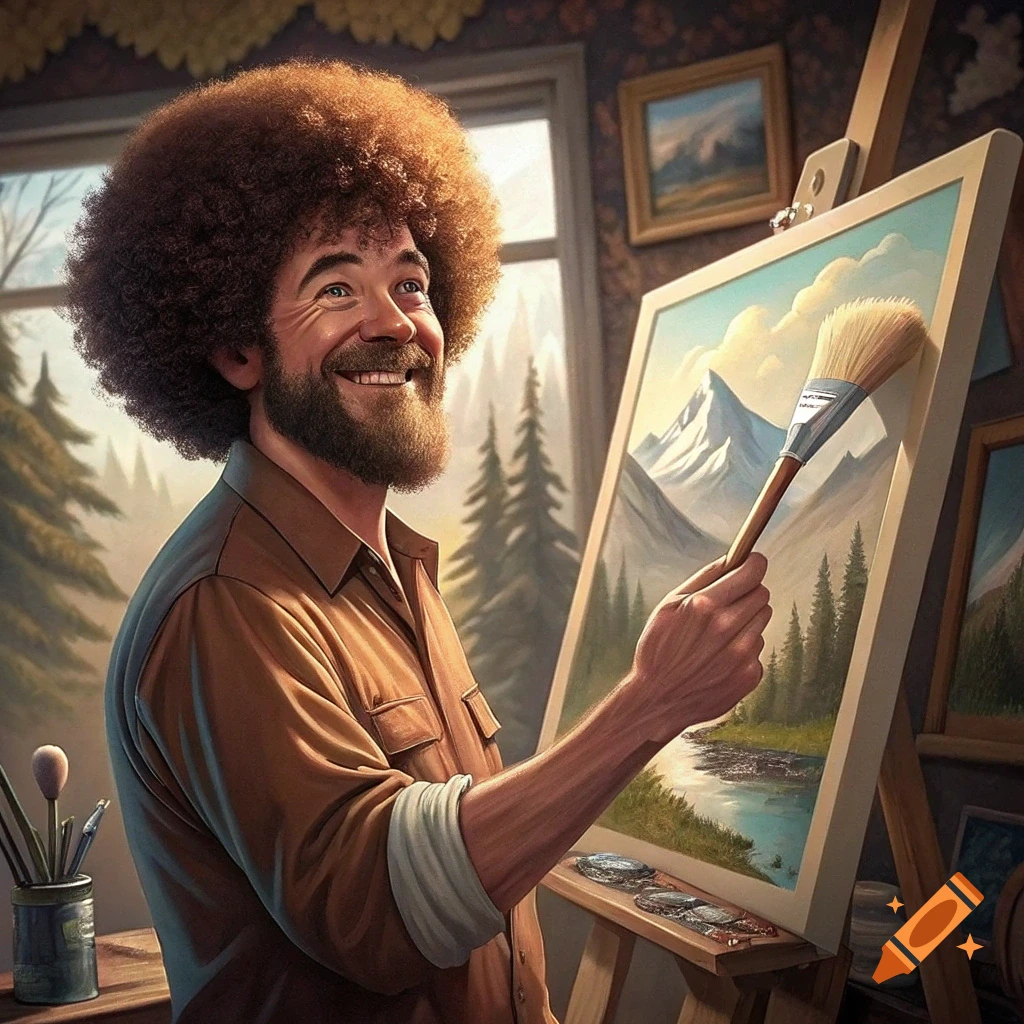 Bob Ross happily paints a snowy mountain landscape on a canvas.