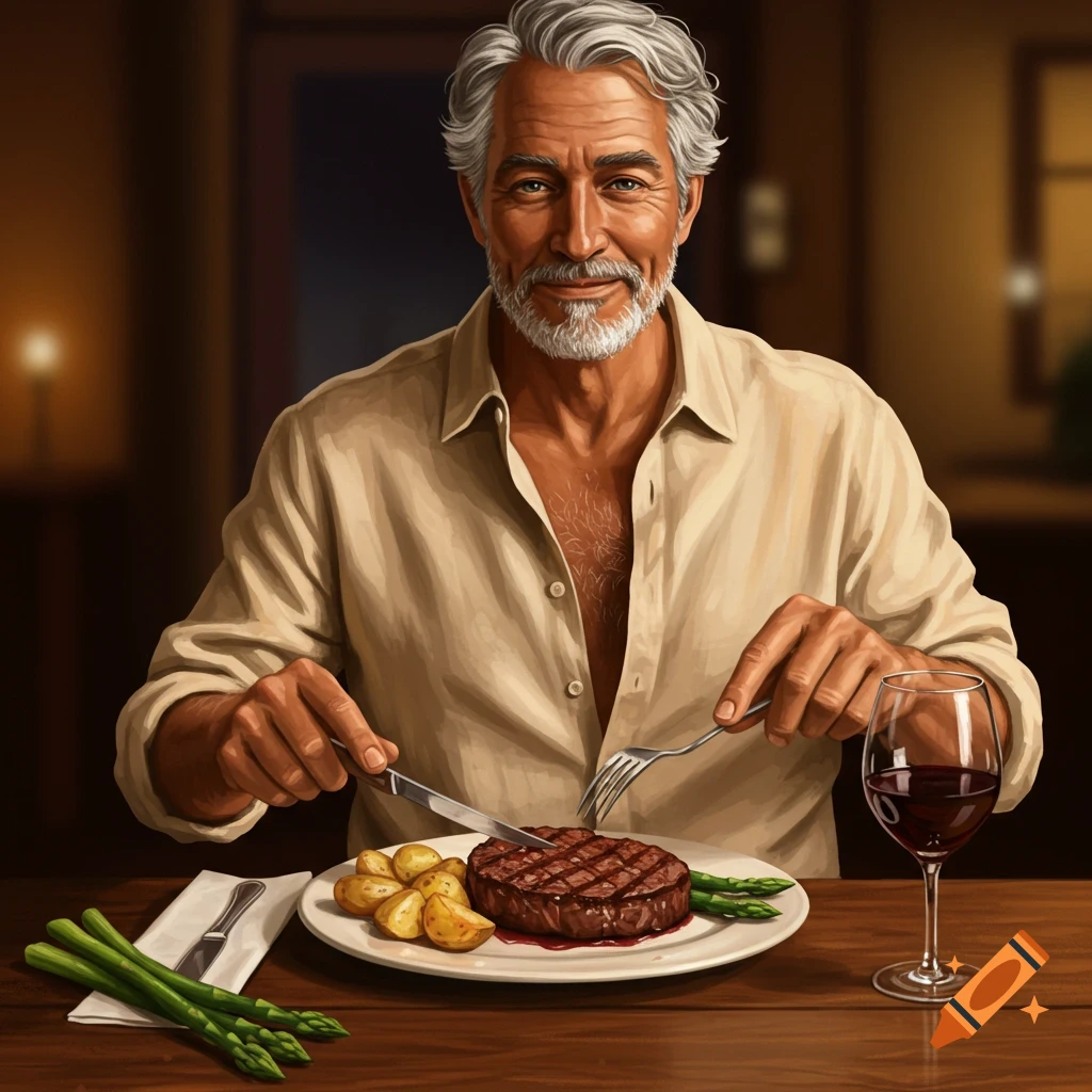 An older man with gray hair and a beard eating a steak with potatoes and asparagus and drinking red wine.