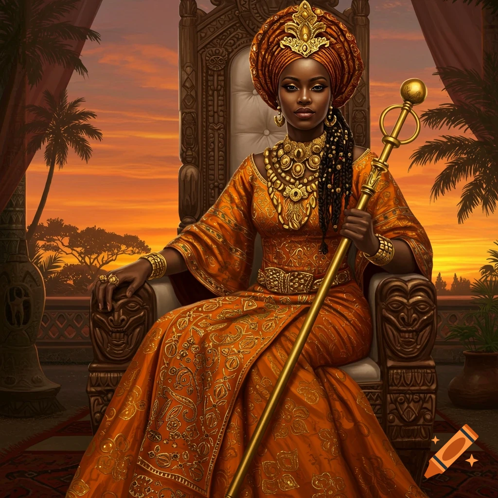 Image of a Yoruba empress in an orange dress seated on a throne.