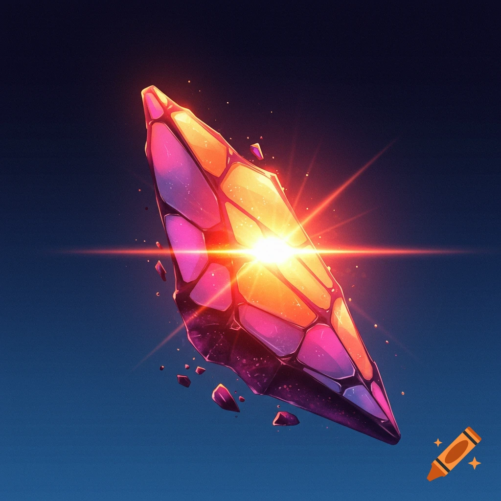 A glowing, colorful faceted crystal or shard floats in space with light rays emanating from it.