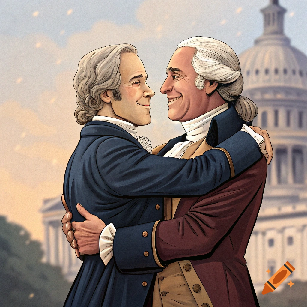 Cartoon illustration of two men resembling historical figures hugging in front of the Capitol building.